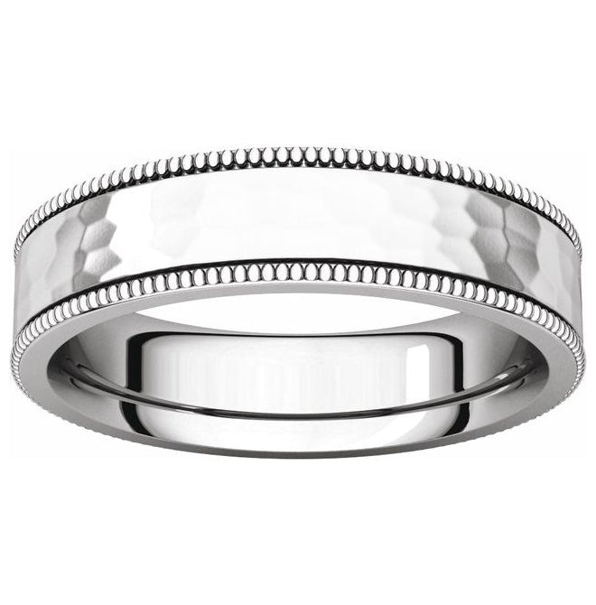 14K White Gold 5 Mm Polished Milgrain Comfort-Fit Flat Band With Satin Hammer Finish Size 8