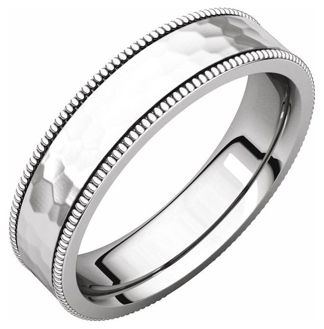 14K White Gold 5 Mm Polished Milgrain Comfort-Fit Flat Band With Satin Hammer Finish Size 8