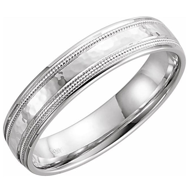 14K White Gold Hammer 5 Mm Polished Flat Edge Comfort-Fit Milgrain Band