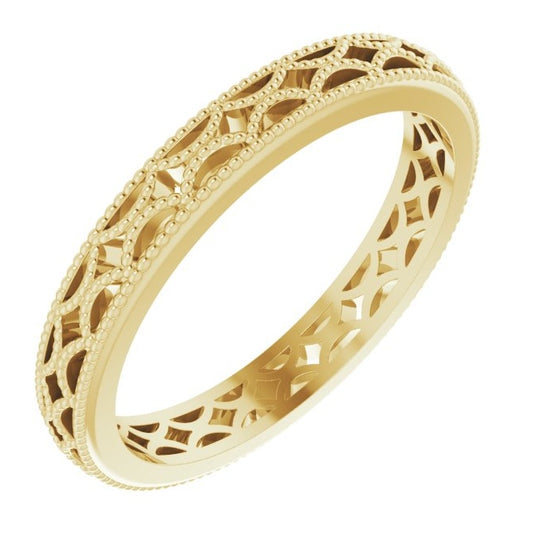 14K Yellow Gold 3 mm Crescent Milgrain Design Band Size 8.5