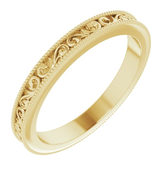 10K Yellow Gold 2.5 Mm Polished Milgrain Sculptural Standard-Fit Band With Bead Blast Finish Size 9