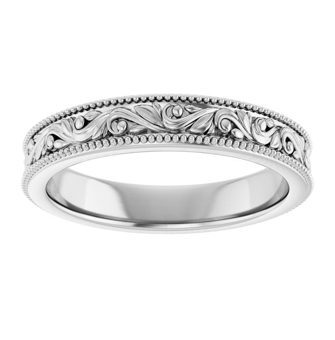 10K White Gold 3.2 mm Milgrain Edge Floral Flat Band Size 5