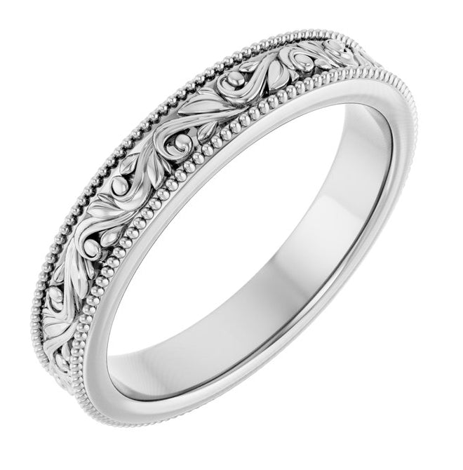 10K White Gold 3.2 mm Milgrain Edge Floral Flat Band Size 5