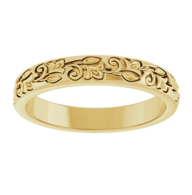 14K Yellow Or White Gold 3 mm Floral Half Round Band