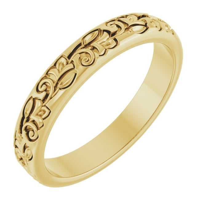 14K Yellow Or White Gold 3 mm Floral Half Round Band