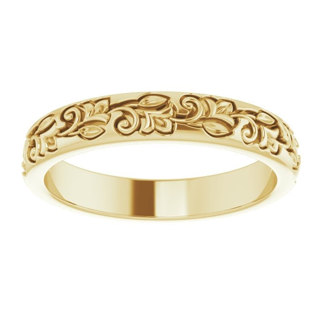 14K Yellow Or White Gold 3 mm Floral Half Round Band