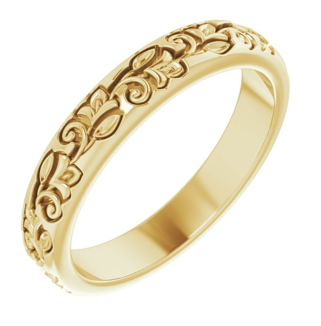 14K Yellow Or White Gold 3 mm Floral Half Round Band