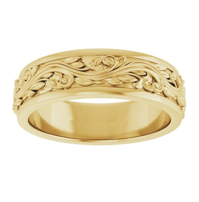 14K Yellow Gold 6 mm Floral Inlay Flat Band