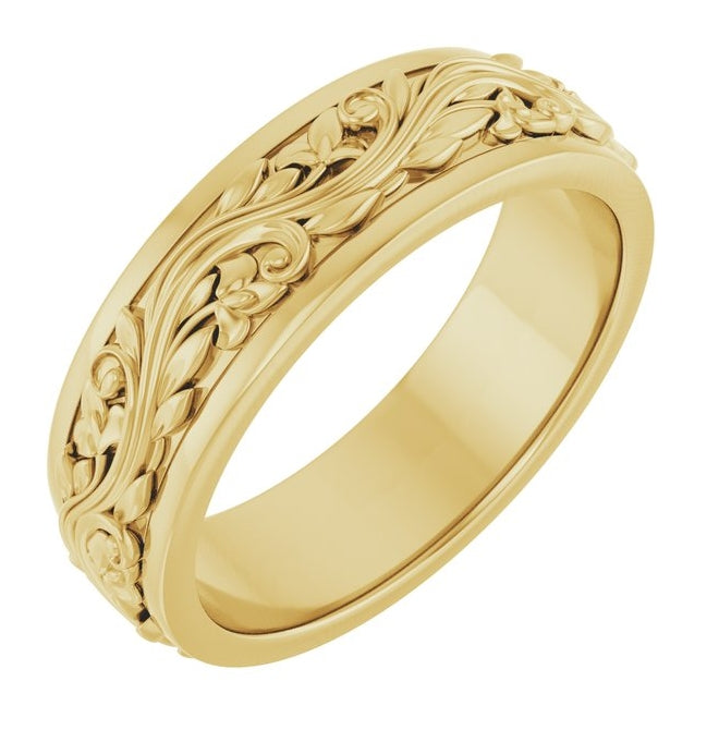 14K Yellow Gold 6 mm Floral Inlay Flat Band