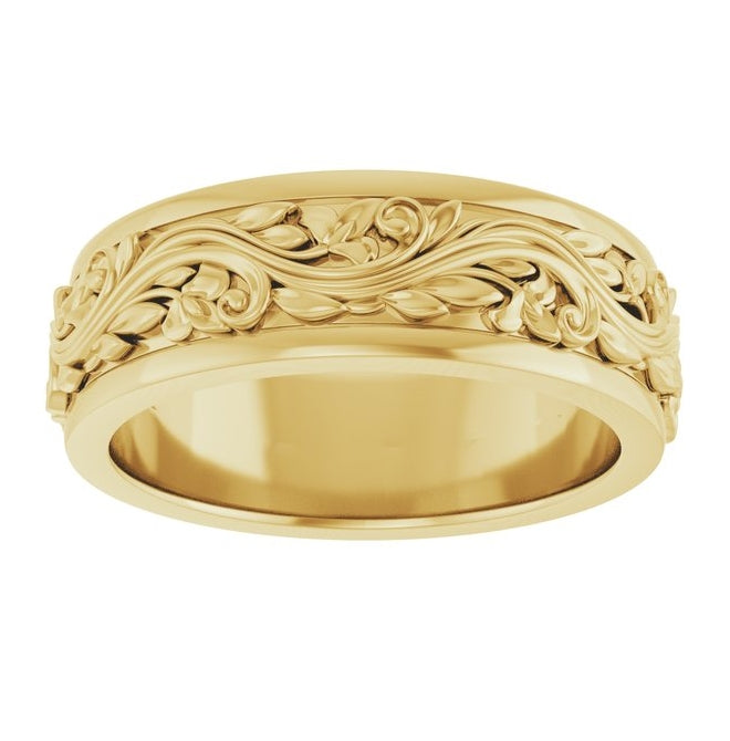 14K Yellow Gold 6 mm Floral Inlay Flat Band