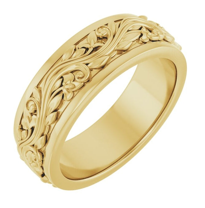 14K Yellow Gold 6 mm Floral Inlay Flat Band