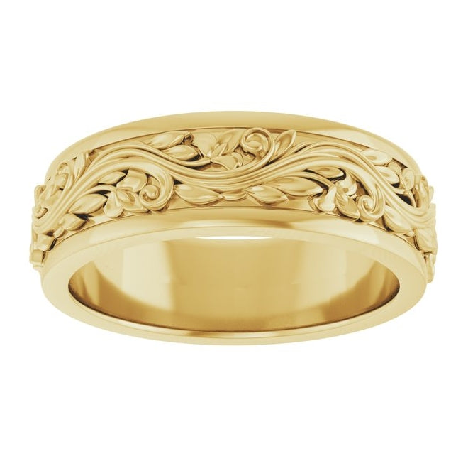 14K Yellow Gold 6 mm Floral Inlay Flat Band