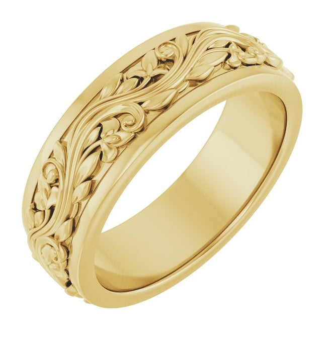 14K Yellow Gold 6 mm Floral Inlay Flat Band