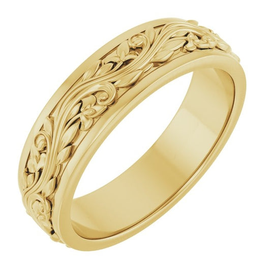 10K Yellow Gold 6 mm Floral Inlay Flat Band Size 12