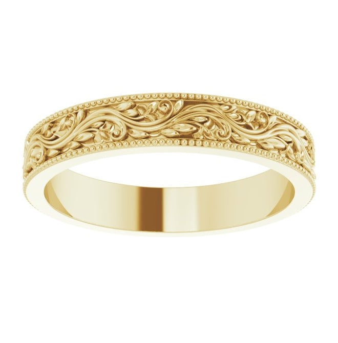 10K Yellow Gold 4 mm Milgrain Edge Floral Flat Band Size 8.5