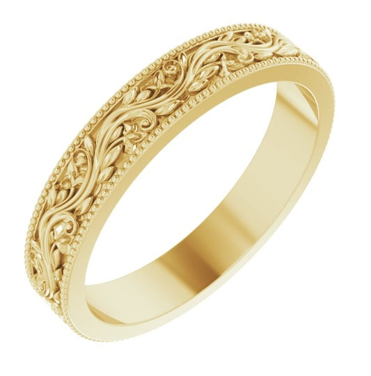 10K Yellow Gold 4 mm Milgrain Edge Floral Flat Band Size 8.5