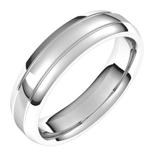 14K White Gold 5 mm Beveled-Edge Grooved Comfort-Fit Half Round Band Size 9