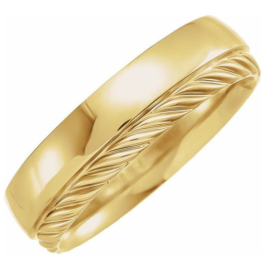 14K Yellow Gold 6 mm Single Sided Rope Stepped-Edge Comfort-Fit Flat Band