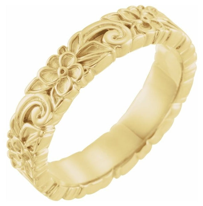 14K Yellow Gold 4.2 Mm Polished Floral Standard-Fit Band With Bead Blast Finish Size 7