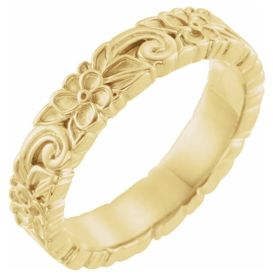 14K Yellow Gold 4.2 Mm Polished Floral Standard-Fit Band With Bead Blast Finish Size 7