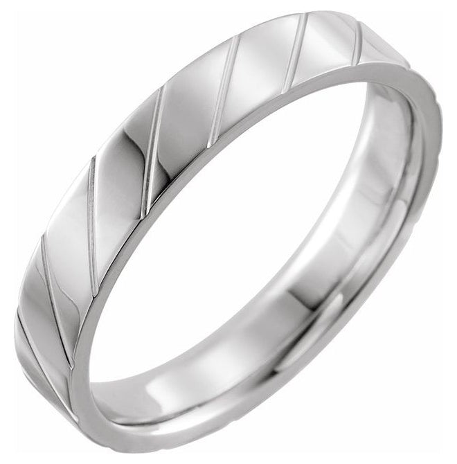 14K White Gold 4 mm Diagonal Grooved Comfort-Fit Flat Band Size 8.5