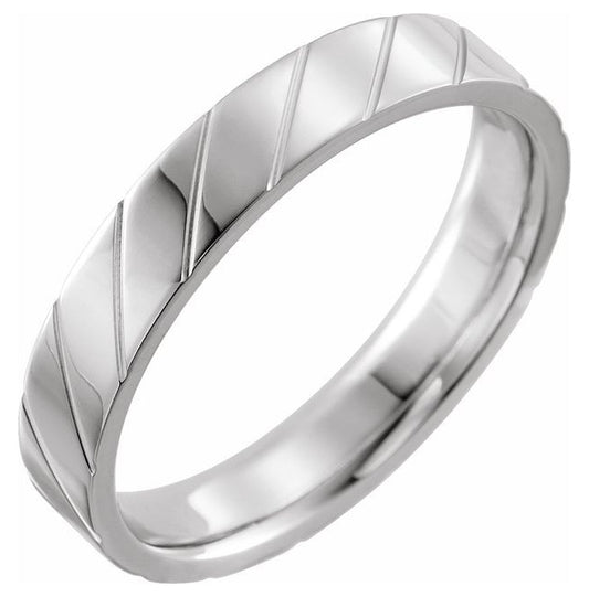 14K White Gold 4 mm Diagonal Grooved Comfort-Fit Flat Band Size 8.5