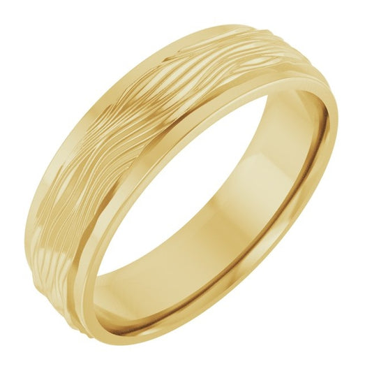 18K Yellow Gold 6 mm Stepped-Edge Textured Comfort-Fit Flat Band Size 8.5