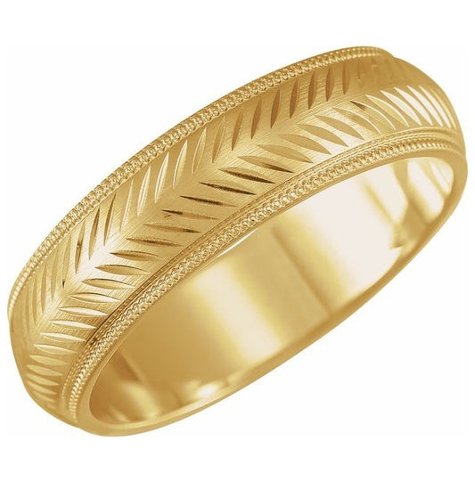 14K Yellow Or White Gold 6 mm Milgrain Stepped-Edge Herringbone Pattern Half Round Band