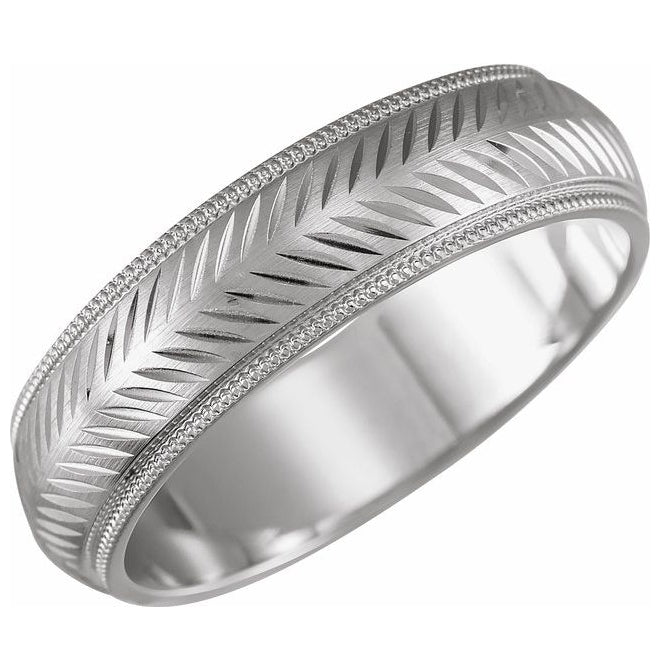14K Yellow Or White Gold 6 mm Milgrain Stepped-Edge Herringbone Pattern Half Round Band