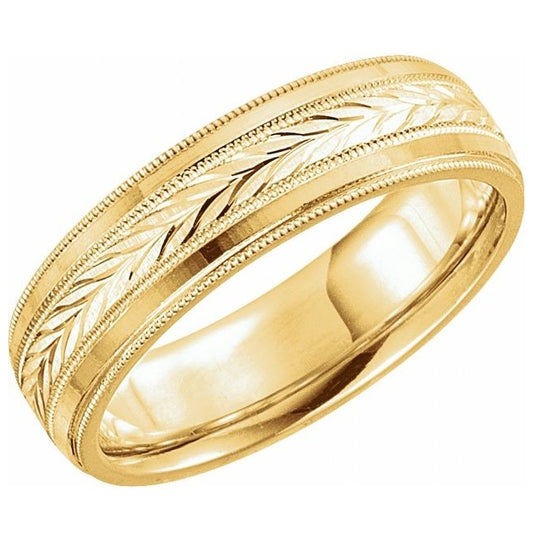 10K Yellow Gold 6 mm Milgrain Wheat Pattern Comfort-Fit Half Round Band