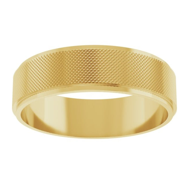 10K Yellow Gold 6 Mm Polished Stepped-Edge Knurled Standard-Fit Flat Band Size 8