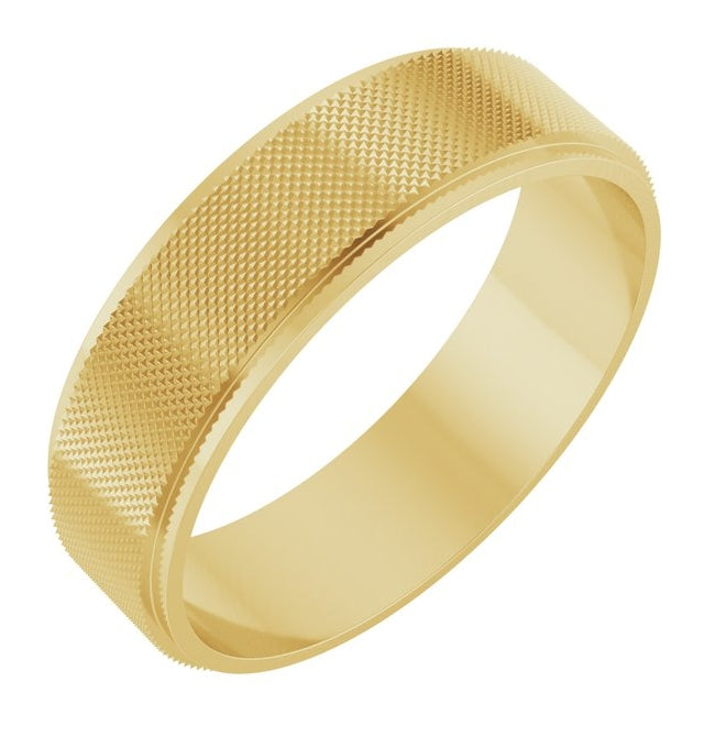 10K Yellow Gold 6 Mm Polished Stepped-Edge Knurled Standard-Fit Flat Band Size 8