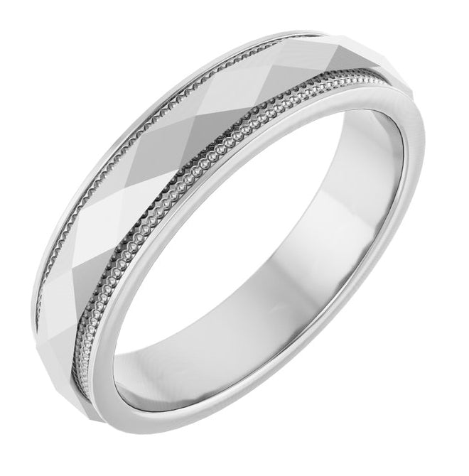 14K White Gold 4 Mm Polished Milgrain Edge Geometric Faceted Standard Fit Band Size 9.5