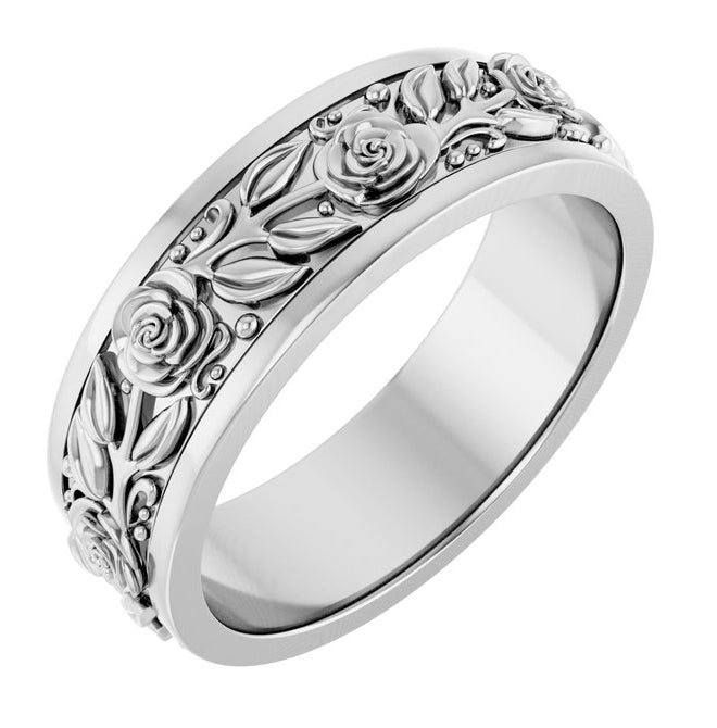 Sterling Silver 7 mm Floral Flat Band Size 10