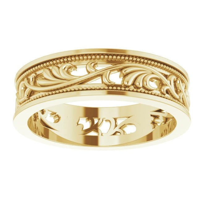 14K Yellow Gold 6.4 mm Milgrain Sculptural Flat Band