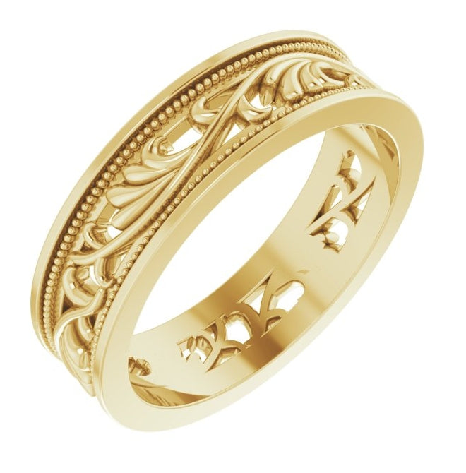 14K Yellow Gold 6.4 mm Milgrain Sculptural Flat Band
