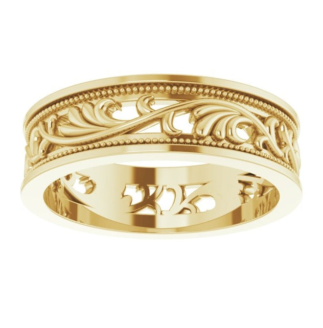 14K Yellow Gold 6.4 mm Milgrain Sculptural Flat Band