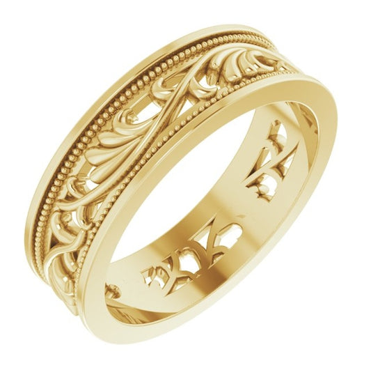 14K Yellow Gold 6.4 mm Milgrain Sculptural Flat Band