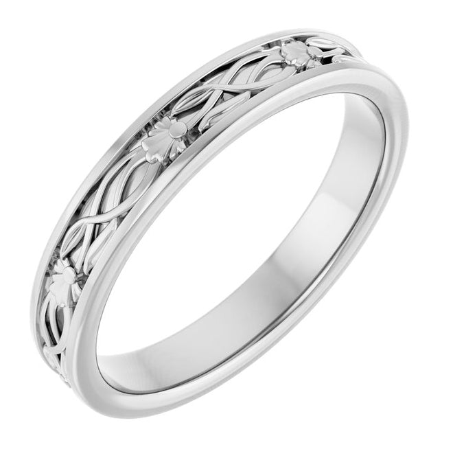 14K White Gold 2.3 Mm Polished Floral Band With Bead Blast Finish Size 7