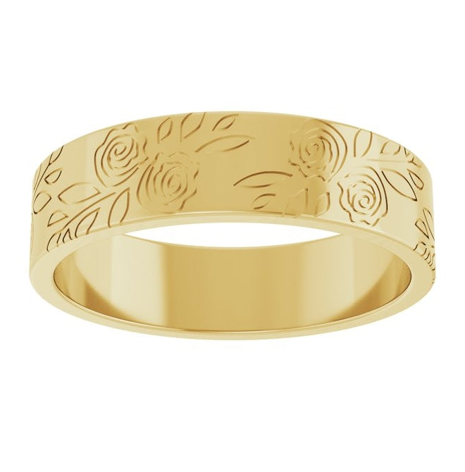 14K Yellow Gold 5 Mm Polished Floral Flat Band Size 4.5