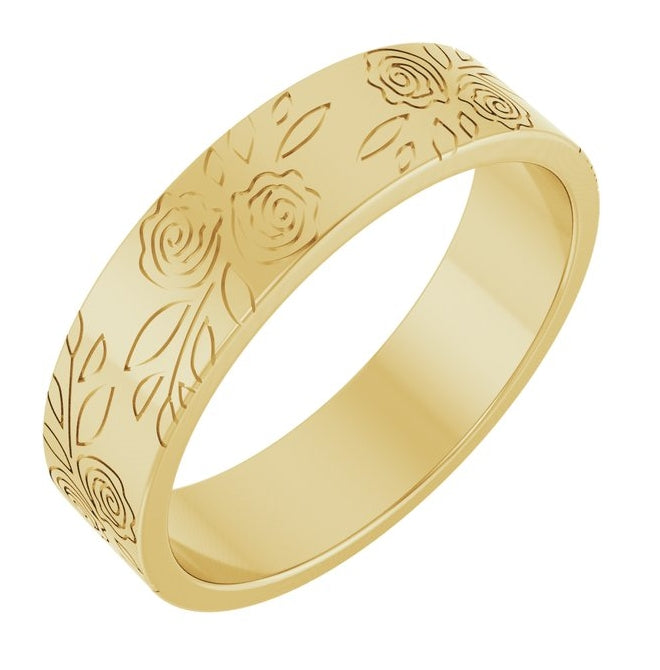 14K Yellow Gold 5 Mm Polished Floral Flat Band Size 4.5