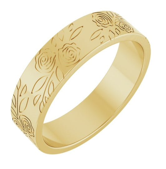 14K Yellow Gold 5 Mm Polished Floral Flat Band Size 4.5