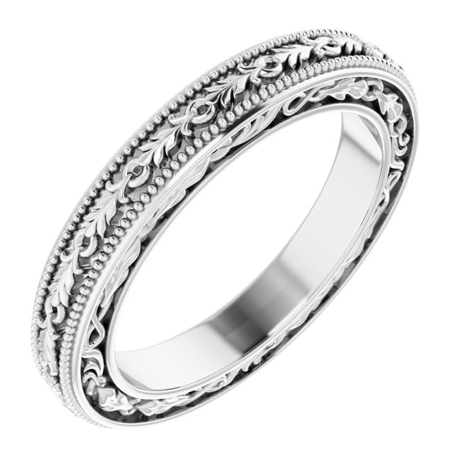 10K White Gold Polished Milgrain Floral Band Size 4