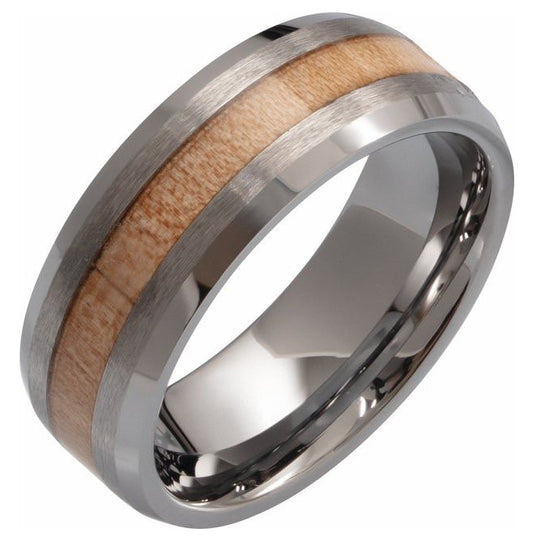 Tungsten Beveled-Edge Cypress Wood Inlay 6 mm Comfort-Fit Band Size 11.5