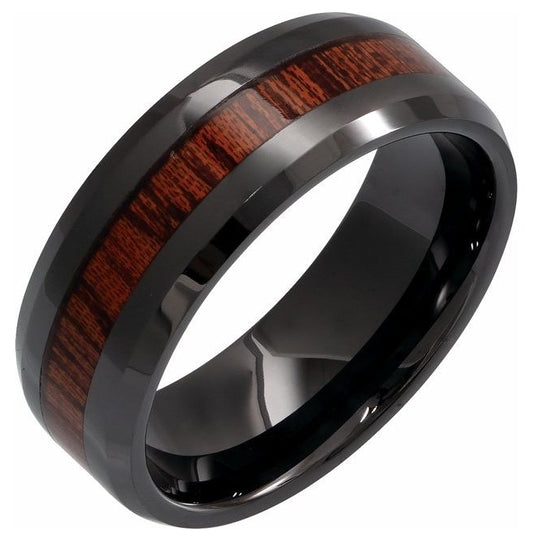 Black Ceramic Beveled-Edge Mahogany Wood Inlay 6 mm Comfort-Fit Band