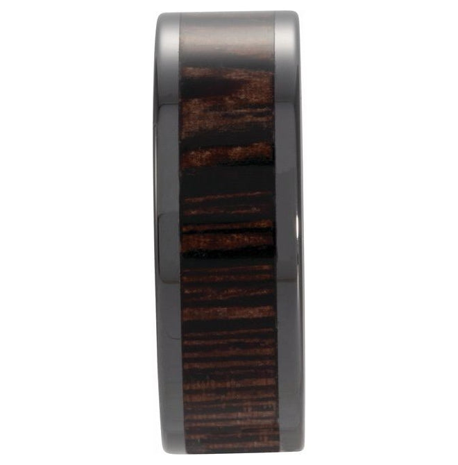 Black Ceramic Wenge Wood Inlay 8 mm Comfort-Fit Flat Band