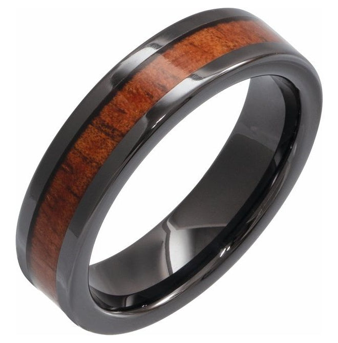 Black Ceramic KOA Wood Inlay Comfort-Fit Flat Band