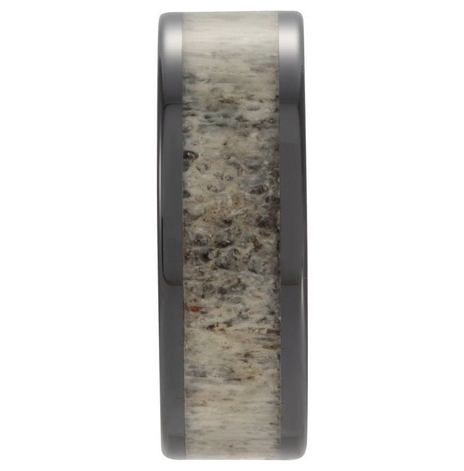 Black Ceramic Antler Wood Inlay Comfort-Fit Flat Band