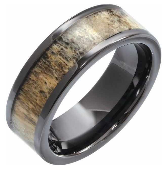 Black Ceramic Antler Wood Inlay Comfort-Fit Flat Band