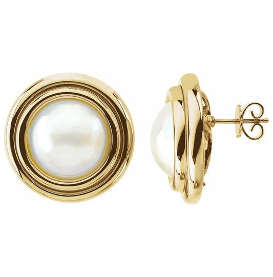 14K Yellow Gold Cultured White Mabe Pearl Earrings